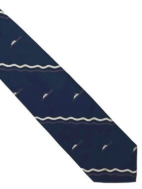 Vintage Blue White Cargo Shipping Ship Boat Repp Necktie Tie 3 x 56 1960s 1970s